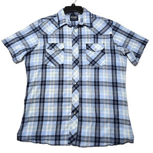 Wrangler Western Pearl Snap Shirt Blue Plaid Men’s Large Cowboy Western Rodeo